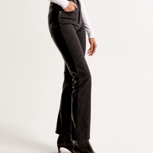 Abercrombie Mixed Fabric Ultra High Rise Ankle Straight Jeans Black Faux Leather - Picture 4 of 14